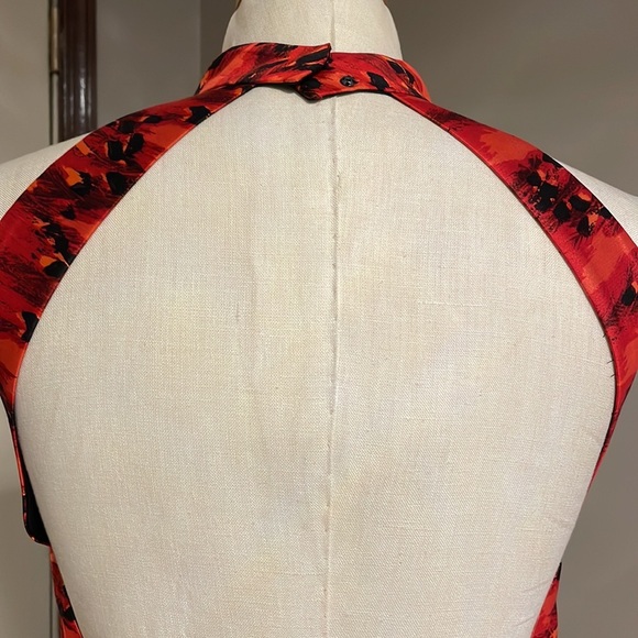 NWOT TIBI SILK mini OPEN BACK high COLLAR halter Multi red brown pleat front 0 - Picture 7 of 16